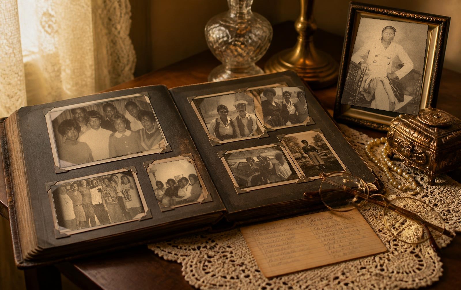 A family photo album of vintage family portraits, a framed portrait and reading glasses on a wooden table
