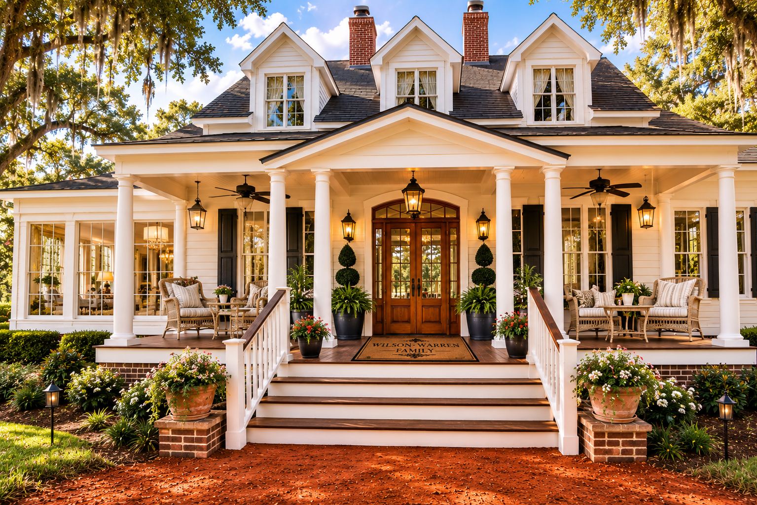 The family house with its wraparound porch, white columns, rocking chairs and wooden double doors above the WILSON-WARREN FAMILY doormat